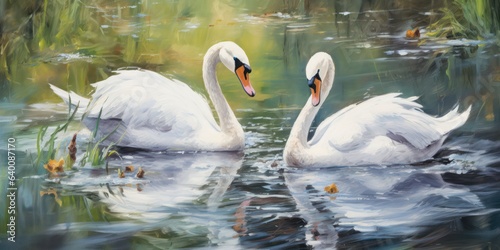 Fototapeta Naklejka Na Ścianę i Meble -  illustration of swans, oil Painting, generative AI