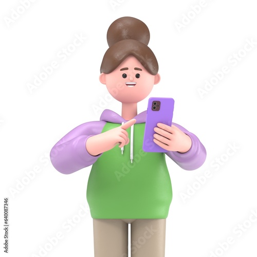 3D illustration of a Asian girl Renae  looking at smartphone and chatting. Portraits of cartoon characters talking and typing on the phone. Communication in social networking, mobile connection. 3D re photo