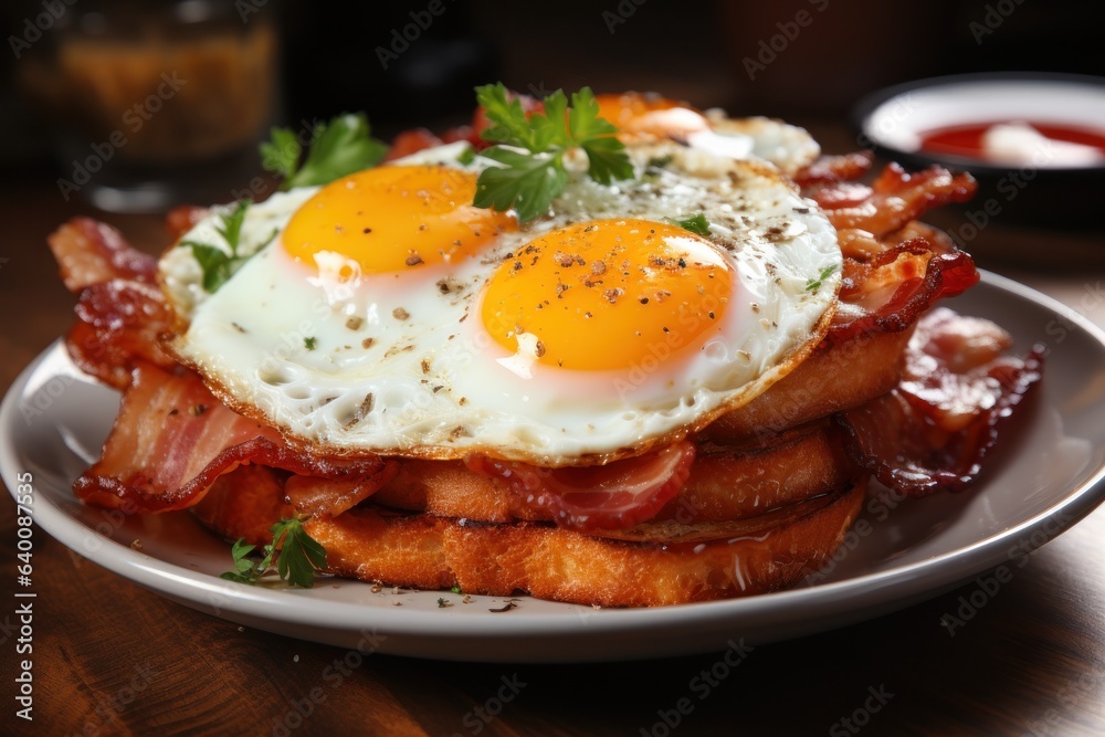 Breakfast egg, bacons with bread on white plate generate by Ai Breakfast egg, bacons with bread on white plate generate by Ai