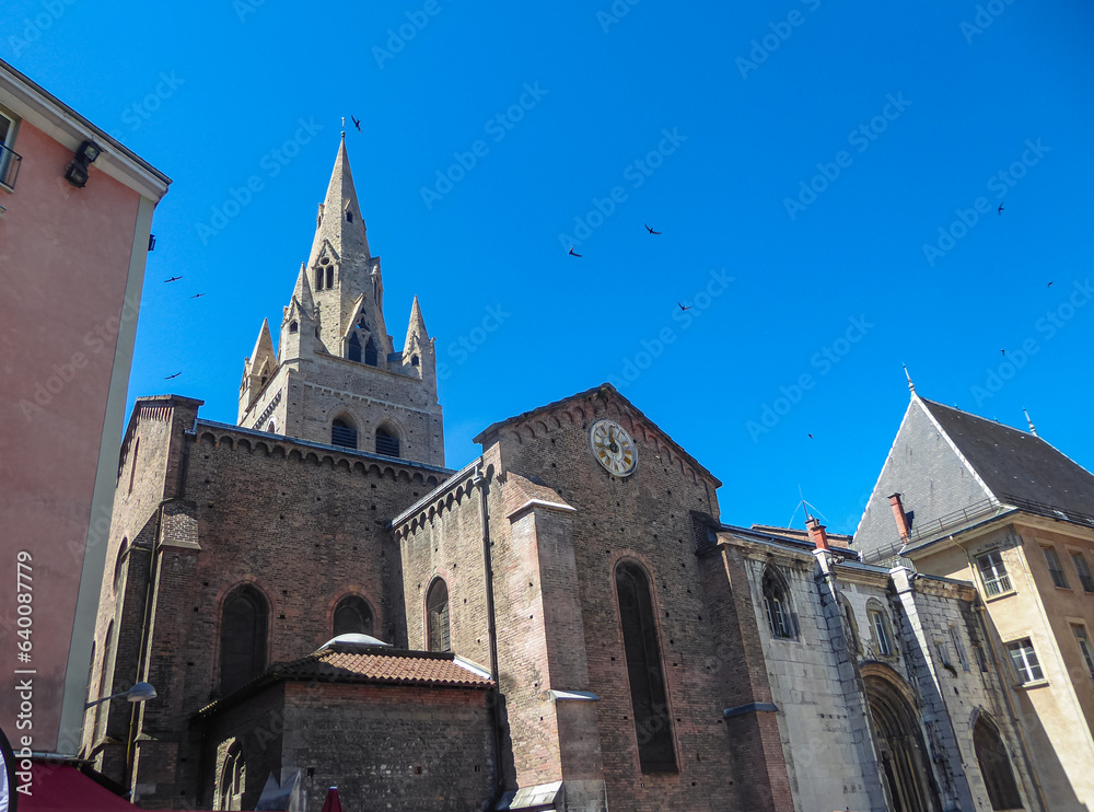 Facade and bell tower of the Collegiate Church of Saint Andrew in Grenoble, Auvergne-Rhone-Alpes region, France, Europe. It was the private chapel of the Dolphins, founded in 1228. Catholic landmark