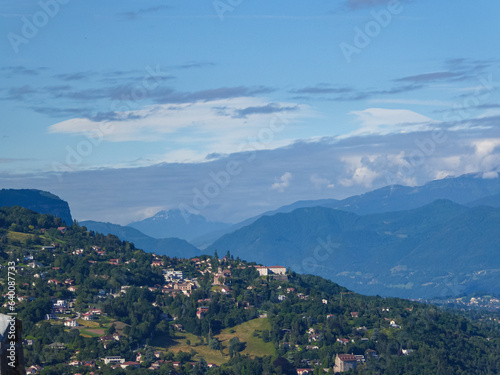 Aerial view of Grenoble old town seen from Bastille Fort  Auvergne-Rhone-Alpes region  France  Europe. View from above on the Isere Valley in the French Pre-Alps. Chartreuse Belledonne mountain range