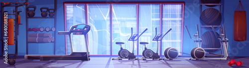 Cartoon gym with equipment, rainy cityscape view in window. Vector illustration of fitness center with treadmill, ellipse, cycling machine, dumbbell, fitball, punshing bag for workout, sport activity