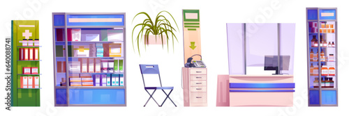 Medical pharmacy counter store interior vector illustration. Shelves in drugstore with medicine, drug and vitamin. Modern healthcare clinic service for sale drugs and cardiograph device equipment