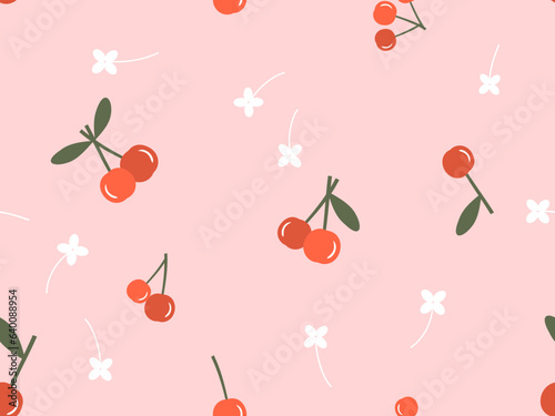 Seamless pattern of cherry fruit with green leaves and cute flower on pink background vector illustration.