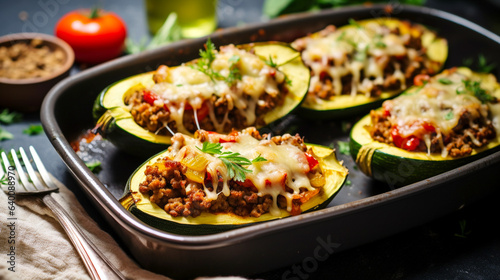 Beautifully dish of stuffed zucchini halves filled with minced meat and topped with baked Emmentaler cheese. Banner. Generative Ai content.