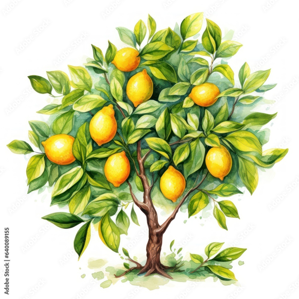 Bright Watercolor Lemon Tree Clipart AI Generated