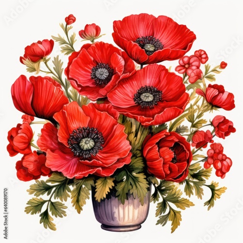 Colorful Watercolor Poppies in a Flower Bucket AI Generated