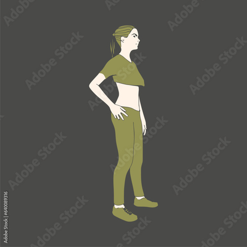 Standing woman. Sport girl illustration. Casual sportwear - t-shirt, breeches and sneakers. Young woman wearing workout clothes. Sport fashion girl outline in urban casual style.