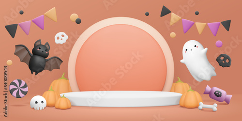 Halloween banner with 3d stage, bat render, cute ghost, pumpkins, candy, skull, bunting and dots. Party invitation template, platform rendering for product show, marketing advertisement. Vector art.