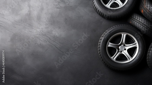 Car tires on black background. Top view with copy space