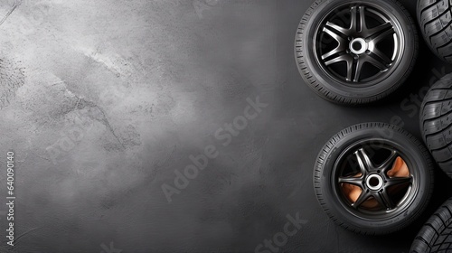 Car tires on black background. Top view with copy space