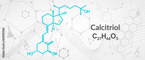 Calcitriol, chemical structure and skeletal formula. The active form of vitamin D, made in the kidney, also a medication for the treatment of low blood calcium.