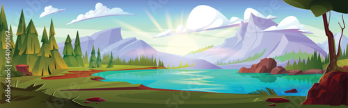 Natural cartoon landscape with rocky mountains and lake, trees and firs on bank, green grass and sunny sky with clouds. Vector summer or spring panorama with forest, peaks and water pond or river.
