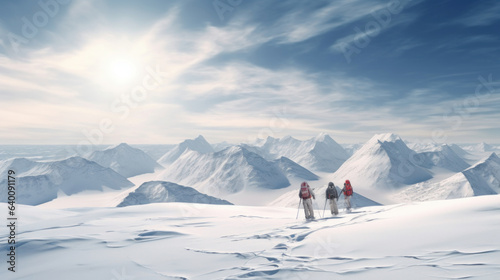 Mountain landscape with snow-covered peaks. Three tourists walking along the valley