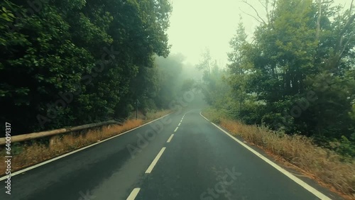 Driving pov from vehicle in a long straight road during bad weather with fog and rain. Wild scenic place. Transport and journey. Destination. Long asphalt road viewed from ground on movement. Car view photo