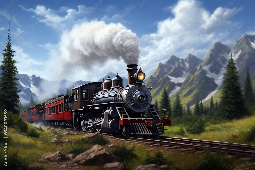 Fototapeta premium A painting of a train on a train track. The locomotive moves among the mountains and beautiful nature along the rails. Smoke from the chimney of a retro train.