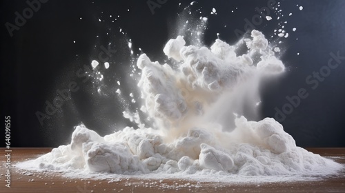 Flour cloud captured mid-toss, illustrating baking in action | generative ai