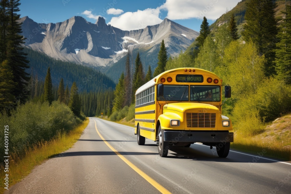 The school bus is driving on a suburban road; beautiful nature in the background. The school bus is driving on a suburban road; beautiful nature in the background.