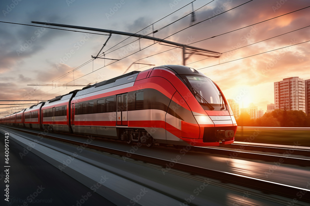 Fototapeta premium A red and white train traveling down train tracks. High-speed suburban train at sunset.