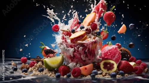 Ingredients captured in mid-air, frozen like a culinary explosion | generative ai