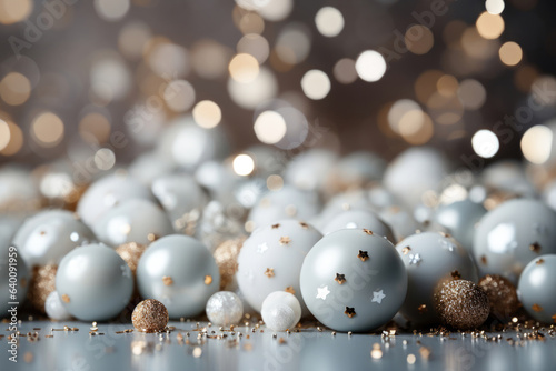 Christmas balls on a bokeh background of lights with copy space © Sunshine