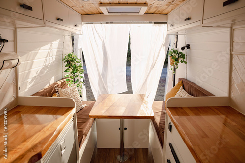 
Interior of a Nordic-style handcrafted campervan at sunset
Transportation, travel, tourism, vacation, lifestyle