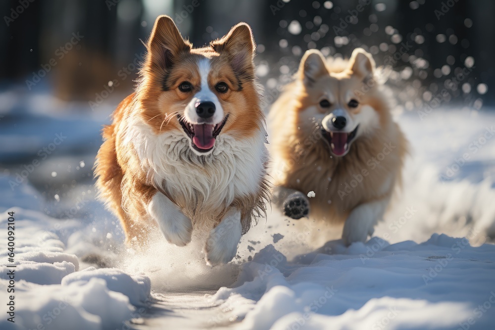 Two Funny Happy Dogs Running Together Outdoor In Snowy Park At Sunny Winter Day. Smiling Dog. Active Dogs Play In Snow. Playful Pet Outdoors At Winter Season. Two Funny Happy Dogs Running Together Outdoor In Snowy Park At Sunny Winter Day. Smiling Dog. Active Dogs Play In Snow. Playful Pet Outdoors At Winter Season.