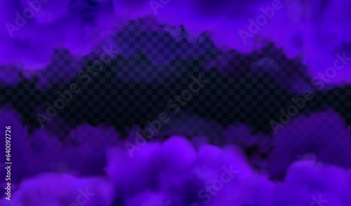 Purple Halloween smoky transparent background. Vector magic fog background isolated. Violet realistic sky cloud effect