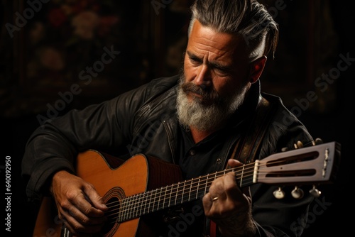 Portrait of a guitarist in black jacket playing acoustic guitar