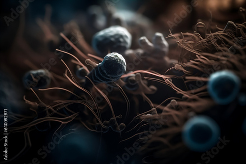 3D scene of microorganisms under a microscope. Science bacteriology, parasites photo