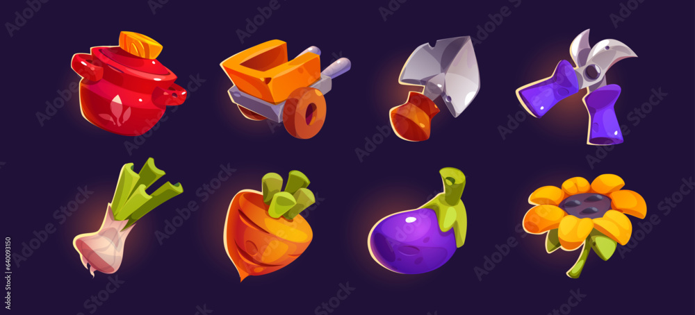 Naklejka premium Ui farm game icon set o gardening tool and vegetable. Isolated cartoon vector food element collection with shovel and secateurs farmer equipment. Glossy and sparkle agriculture clipart for mobile app