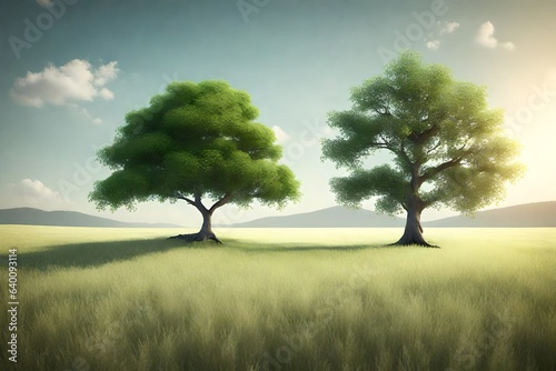 a soothing 3D rendering scene showcasing a solitary green tree in a vast, open field.