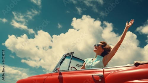 Sky High Freedom: Woman in Red Convertible on a Summer Day 