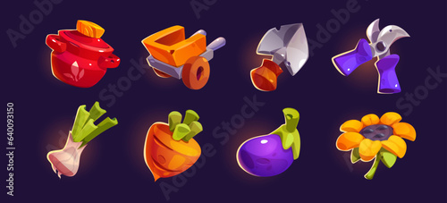 Ui farm game icon set o gardening tool and vegetable. Isolated cartoon vector food element collection with shovel and secateurs farmer equipment. Glossy and sparkle agriculture clipart for mobile app photo