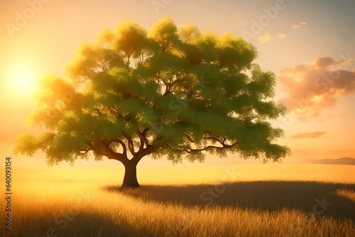 a captivating 3D rendering scene featuring a green tree in a field against the backdrop of a golden sunset. 