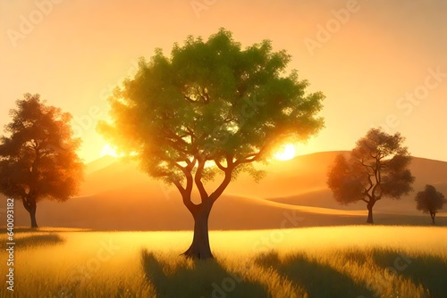 a captivating 3D rendering scene featuring a green tree in a field against the backdrop of a golden sunset.  © Ahtesham