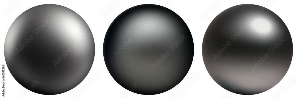 Black metal ball set on white background isolated. Smooth, matte and