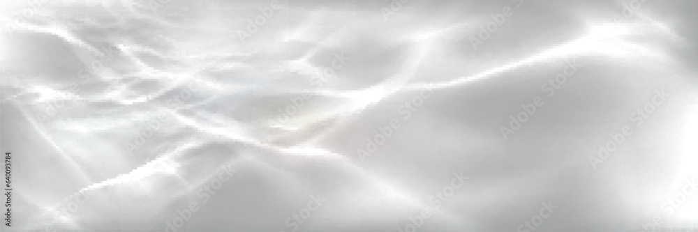 Abstract light refraction effect on water surface. Vector realistic illustration of white and grey gradient background with shadow and sunlight flare, smoke cloud movement, fog or mist texture