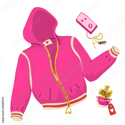 Jacket, phone and perfume in doll style and pink colors. Modern trendy style. Trend accessories of a fashionable girl. Barbie core sticker set. Vector illustration isolated on white background.