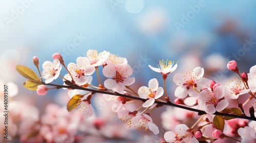 Pink cherry flowers on a blurred background with beautiful bokeh outdoors in nature on a fresh natural green spring background with blossoming sakura branches and fluttering butterflies wide format