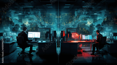 Office Team Responding to a Cyber Attack in Futuristic Setting