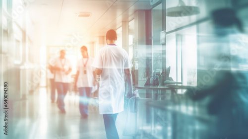 Doctor and nurse people in hospital interior or clinic corridor for background, abstract blurred image, laboratory, science experiment, health care and medical technology concept, Generative AI