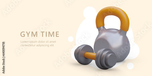 Training time. Advertising poster of gym. Heavy workout exercise equipment. Work on muscles of arms and body. Concept in plasticine style. Place for announcements, promotional offers, contacts
