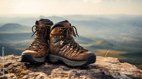 Worn-out hiking boots on rock, mountainous landscape background