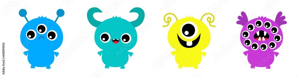 Monster set line. Happy Halloween. Colorful silhouette monsters. Cartoon kawaii funny boo character. Cute face with horns, teeth, eyes. Childish baby collection. Flat design. White background.