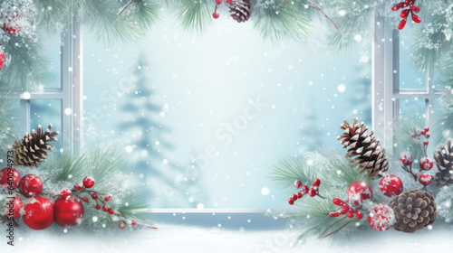Christmas decorated window with Christmas elements with pastel light blue copy space