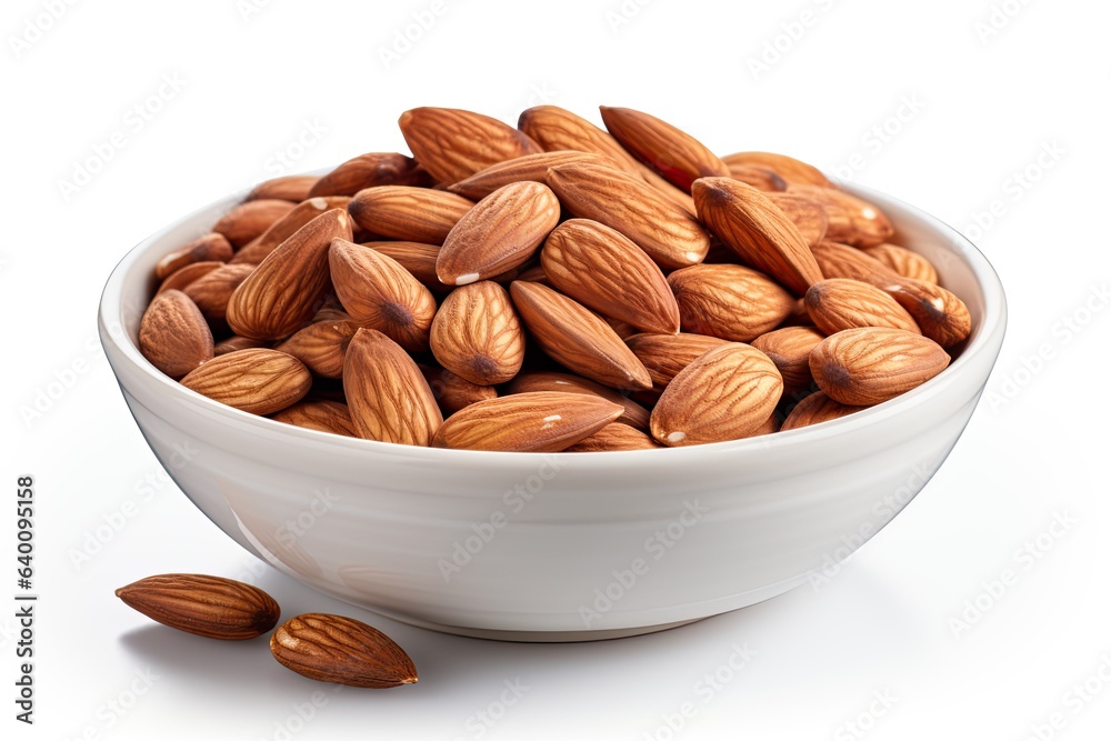 Dry roasted Almonds in white bowl isolated on white background Dry roasted Almonds in white bowl isolated on white background