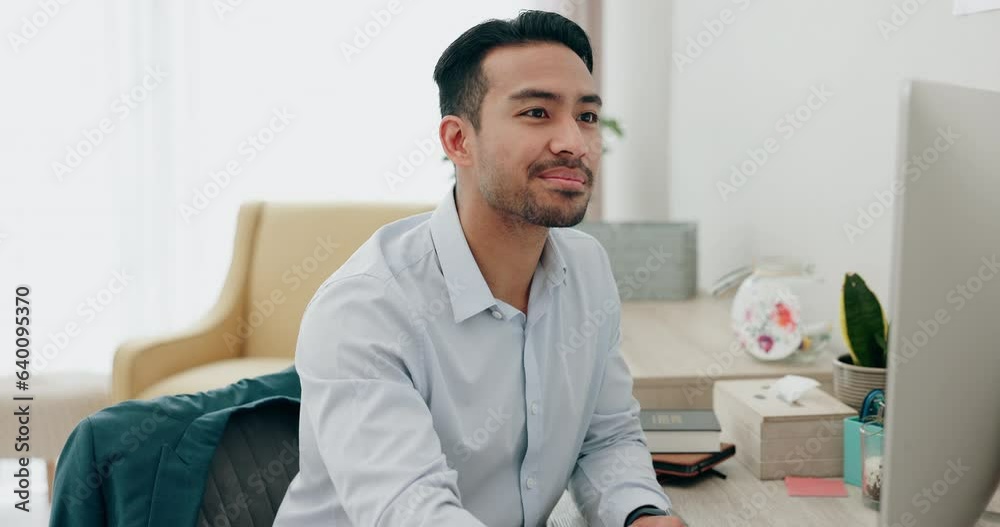 Computer, research and accountant man typing with smile for a company online website strategy in a startup office. Development, internet and employee planning finance or budget project or proposal