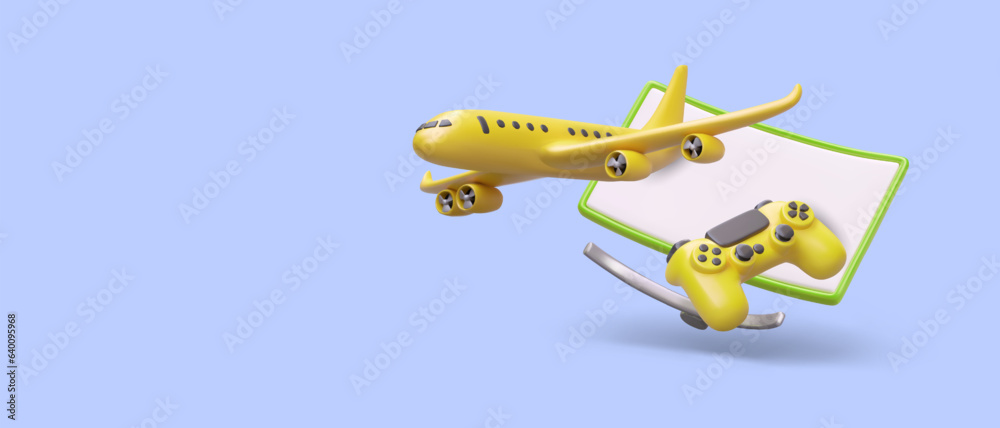Game simulators. 3D plane, gamepad, wide monitor. Virtual reality. Game piloting, gaming. Color poster on purple background, place for advertising text Game simulators. 3D plane, gamepad, wide monitor. Virtual reality. Game piloting, gaming. Color poster on purple background, place for advertising text