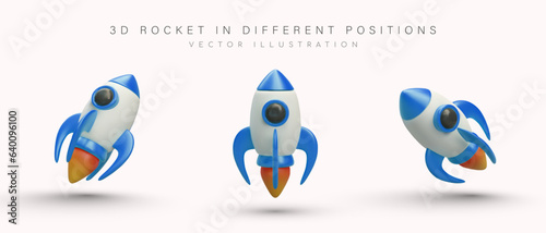 3D space rocket in different positions. Spaceship in flight. Rocket with running engine, fire from turbines. Set of realistic colored icons. Template for web design